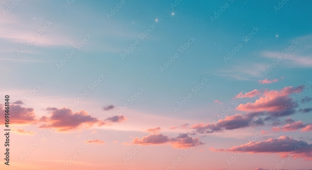 Fototapeta premium Pastel Sky with Pink Clouds and Faint Stars at Dusk or Dawn