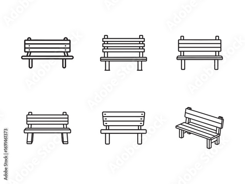 Collection of minimalist park bench icons in various perspectives ideal for graphic design and web development showcasing simplistic furniture