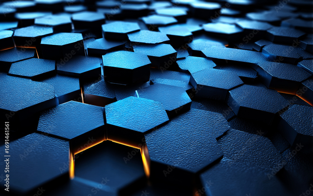 Obraz premium Abstract Hexagonal Pattern with Blue Tones and Orange Accents