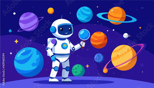 Cute robot character exploring colorful planets in outer space with a magnifying glass. Futuristic cartoon illustration perfect for technology, space exploration, AI, and educational concepts.