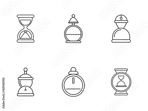 Collection of Outline Timekeeping Icons Featuring Hourglasses and Clocks Depicting the Concept of Measuring Time and Deadlines