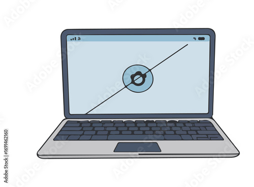 Laptop: A laptop displaying a video camera icon on its screen, signaling a moment of potential connection and digital interaction, with the lines represent a break in the stream.