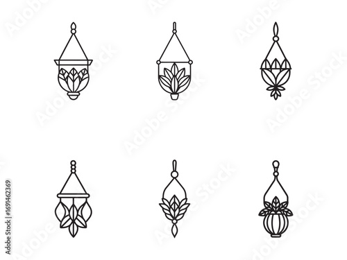Collection of plant hanger icon designs featuring geometric shapes and different planting styles for minimalist home decor projects