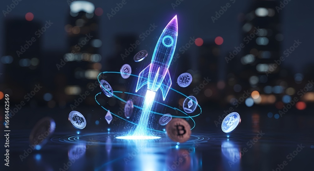 Fototapeta premium Futuristic Neon Rocket Launch with Digital Coins. Concept of Technology Startup, Blockchain, and Financial Growth.