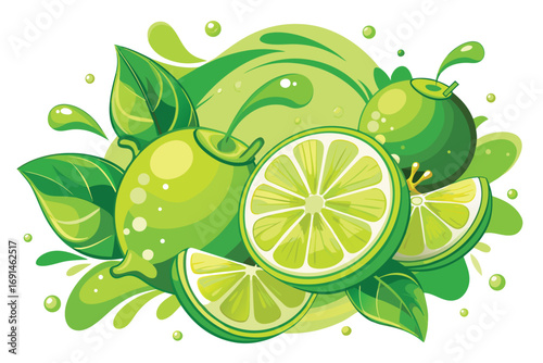 Vibrant illustration of fresh green limes with leaves and splashing juice for a refreshing citrus theme