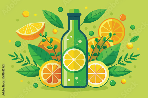 Refreshing green bottle of citrus juice surrounded by sliced oranges lemons and fresh leaves