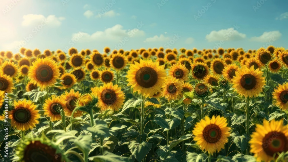 Fototapeta premium Sunflowers field under a partly cloudy sky