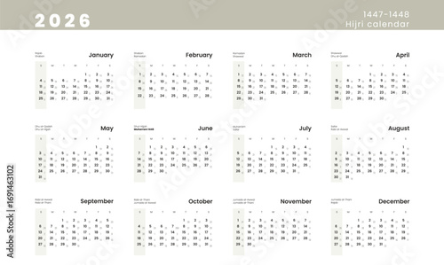 Hijri islamic 1447-1448 and Gregorian calendar for 2026 year. Vector Annual Calendar template with week start Sunday in English.