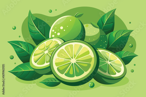 Vibrant illustration of fresh green limes and leaves with water droplets on a light green background