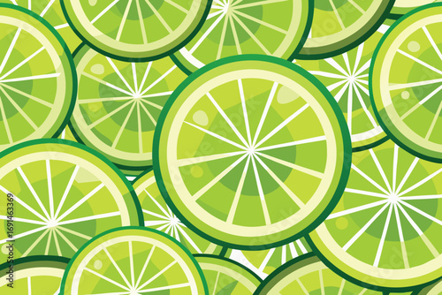 Vibrant close up pattern of fresh green lime slices with juicy segments and bright edges