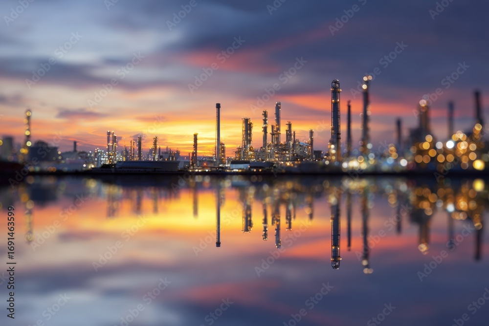 Fototapeta premium Industrial complex at sunset, reflected in water