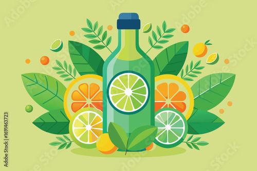 Refreshing green bottle surrounded by vibrant citrus fruits and lush green leaves on a light background