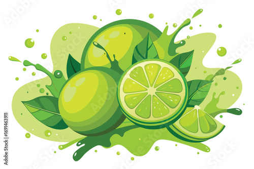 Fresh ripe limes and slices splashing in vibrant green juice with leaves