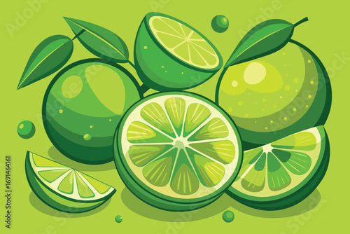 Vibrant green limes and slices artfully arranged with leaves on a solid green background