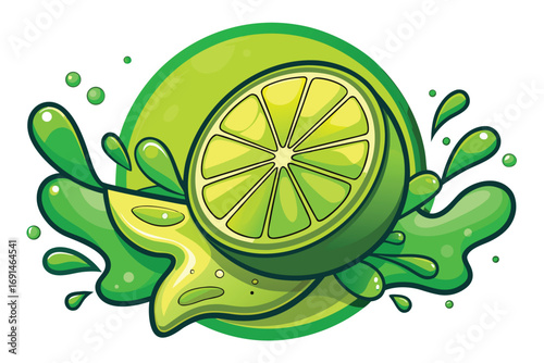 Vibrant illustration of a juicy lime half with splashing green liquid and slices