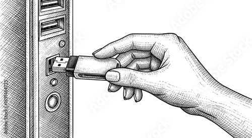 Hand inserting USB flash drive into computer, technology and data concept – detailed hand-drawn black and white vintage sketch. Vector engraving illustration on white background.