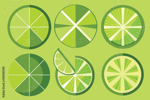 Vibrant sliced lime halves and wedges arranged in a pattern on a light green background