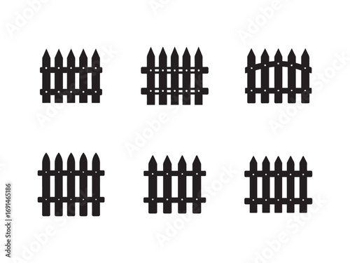 Collection of Six Different Picket Fence Silhouettes for Garden Design and Property Boundaries Vector Art Black and White