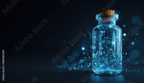 A glass bottle filled with glowing, ethereal particles on a dark background