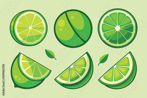 Vibrant collection of fresh green limes whole and sliced in various artistic styles
