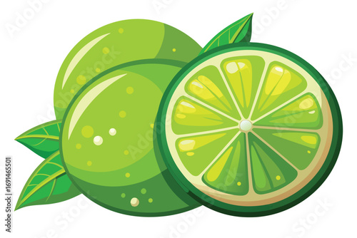 Vibrant illustration of fresh green limes one whole and one sliced in half with green leaves on a white background