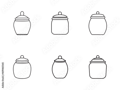 Collection of Six Line Art Jars with Lids Ideal for Pantry Storage and Kitchen Organization Illustrations