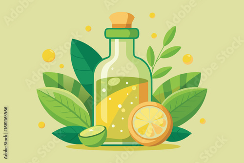 A clear glass bottle filled with yellow liquid surrounded by fresh green leaves and citrus fruit slices