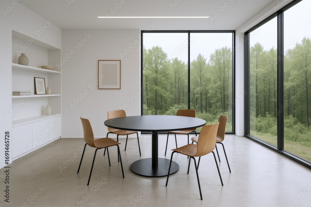 Fototapeta premium Modern Minimalist Dining Room with Round Table and Nature View, Bright and Airy Interior Design