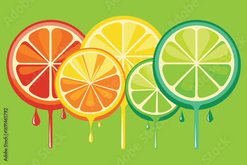 Bright and juicy citrus fruit slices on sticks with dripping juice against a vibrant green background