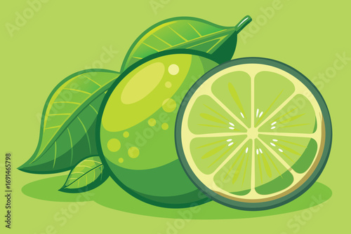Vibrant illustration of a whole lime with fresh green leaves and a juicy lime slice on a light green background