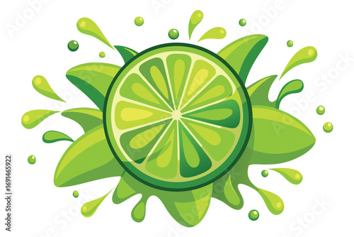 Vibrant cross section of a juicy lime with splashing green juice and leaves
