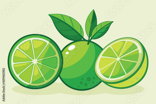 Vibrant illustration of fresh green limes with leaves one whole and two halved showcasing juicy citrus slices