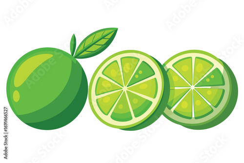 Vibrant green whole lime with a leaf and two juicy sliced limes on a white background