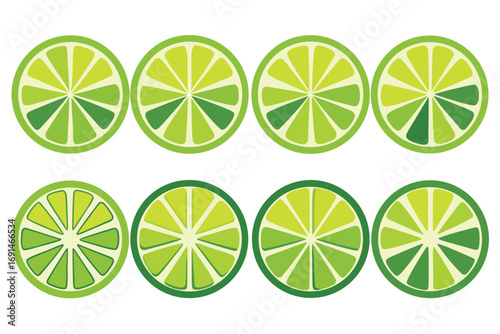 Eight bright green lime fruit slices arranged in two rows on a white background