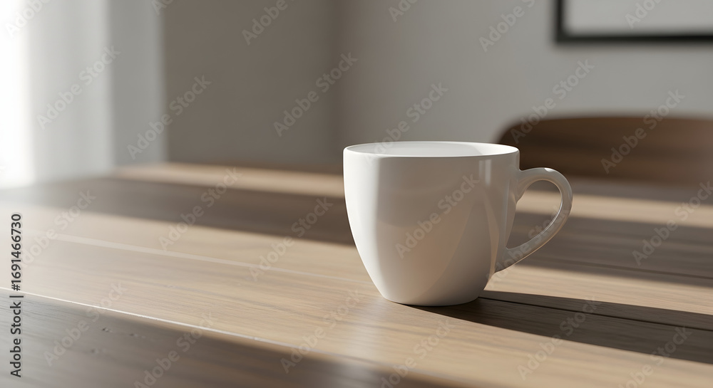 Fototapeta premium A pristine white ceramic coffee mug sits on a polished wooden table bathed in natural light.