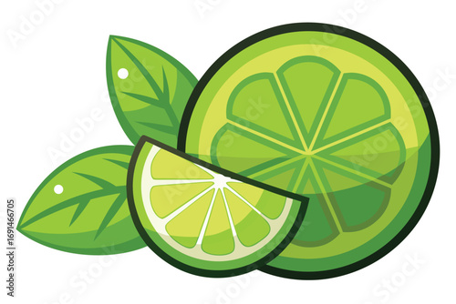 Vibrant green lime slice and whole fruit with fresh leaves isolated on white background