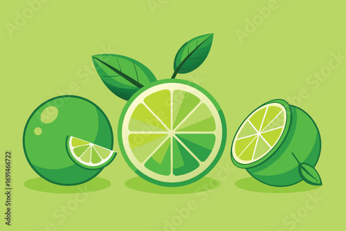 Vibrant green limes and slices arranged on a light green background with fresh leaves