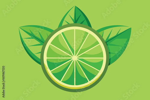 Vibrant green lime slice with fresh leaves on a solid pastel green background