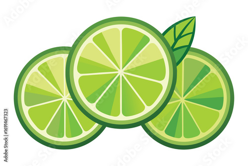 Vibrant green lime slices with fresh leaf isolated on white background for refreshing food and drink concepts