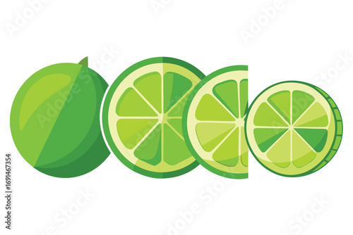 Vibrant green lime fruit whole and sliced on a clean white background for healthy food and drink concepts