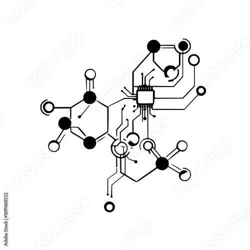 Black and white circuit board diagram with molecular structure and connections illustration art