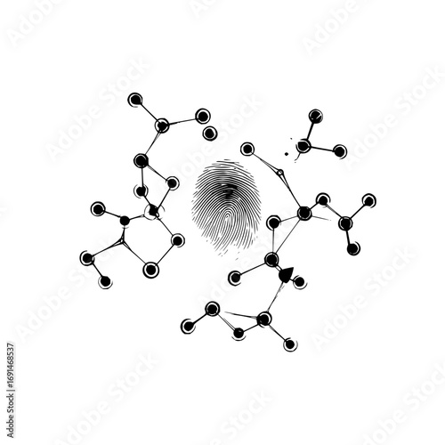 Fingerprint surrounded by molecular structures in a black and white scientific illustration style image