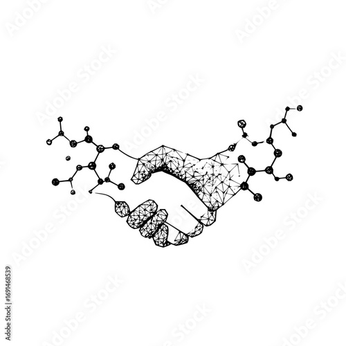 Handshake illustration with molecular structures on a white background sketch style design art concept