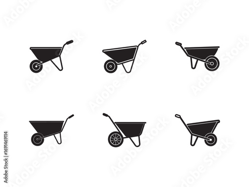 Collection of Wheelbarrow Silhouettes for Garden Landscaping and Construction Projects with Different Designs and Styles on White Background