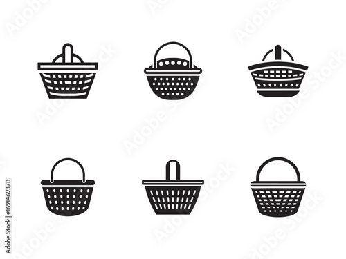 Collection of Woven Basket Icons in Black and White Style Decorative Storage Solutions for Home and Marketplace