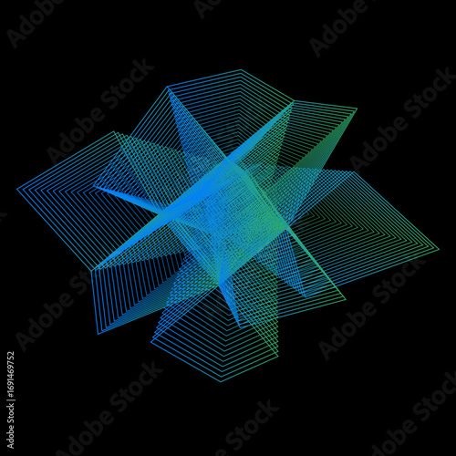 Minimal colorful abstract form in black background. Forma colorida abstracta con lineas.