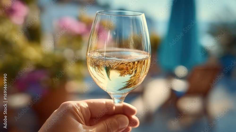 Obraz premium Refreshing White Wine in a Glass, Held Outdoors on a Sunny Day, Celebrating Leisurely Moment