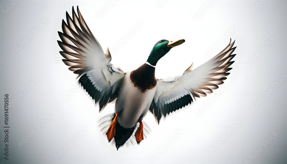 Fototapeta premium Majestic mallard duck in mid-flight displaying its wingspan and vibrant plumage