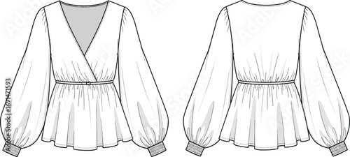 CAD drawing flat vector illustration, wrap blouse sketch, puffed sleeve design, V-neck front, flared hem, fashion garment template