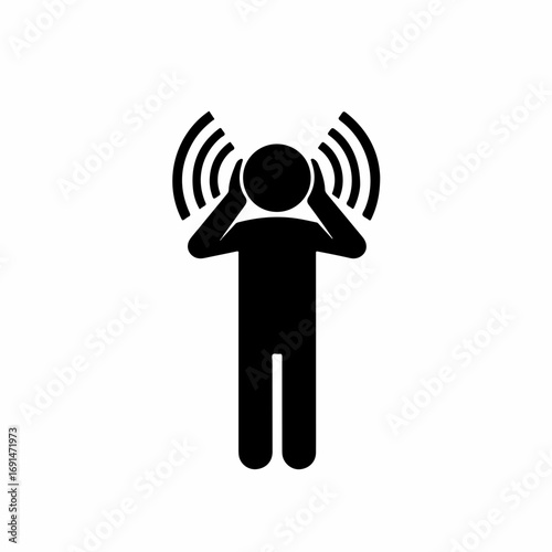 Black icon of a person covering their ears from loud sound waves.